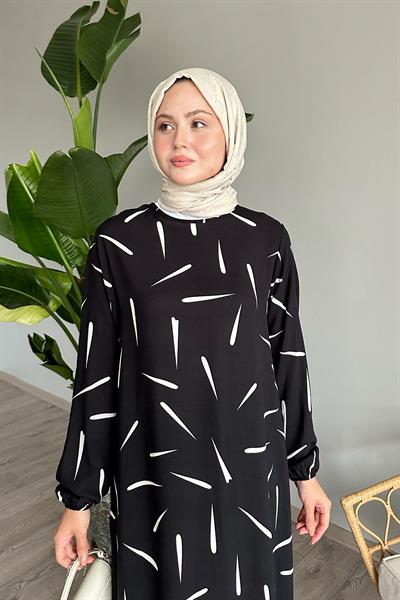 Çıtır Şerit Siyah Viskon Elbise