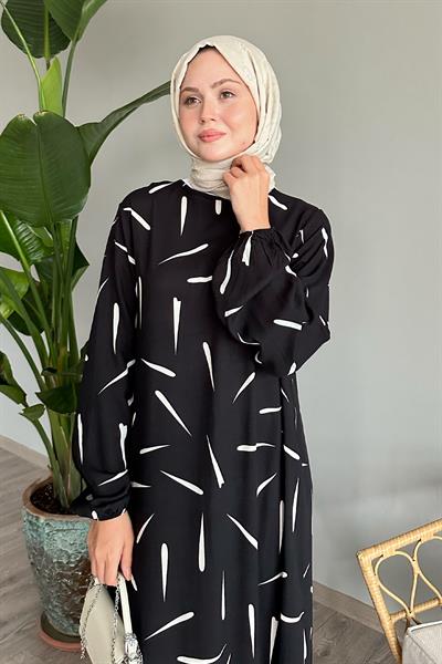 Çıtır Şerit Siyah Viskon Elbise