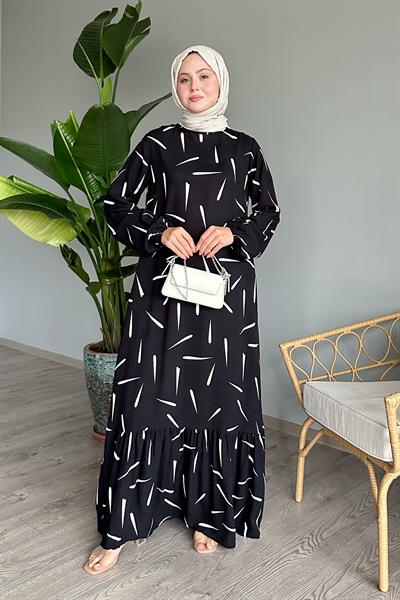 Çıtır Şerit Siyah Viskon Elbise