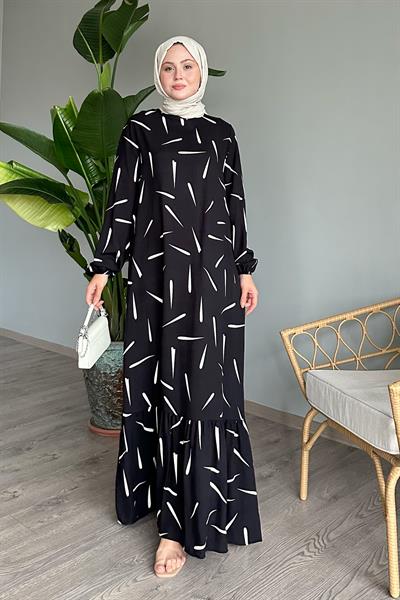 Çıtır Şerit Siyah Viskon Elbise