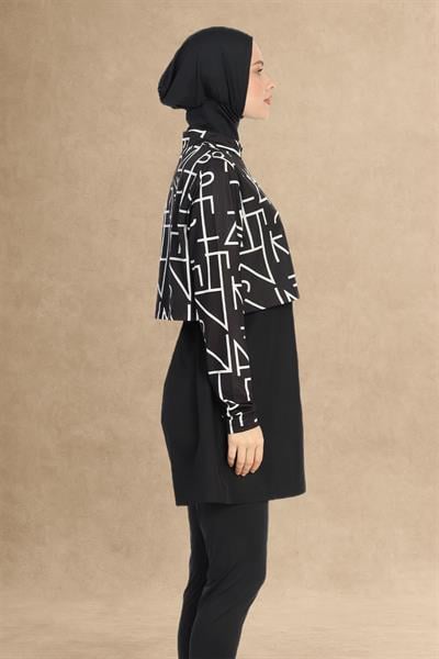 Çizgi Bolerolu 4 Parçalı Siyah Tesettür Mayo 6200A