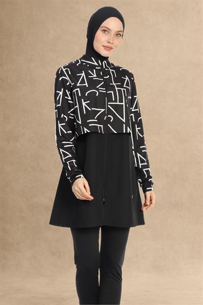 Çizgi Bolerolu 4 Parçalı Siyah Tesettür Mayo 6200A