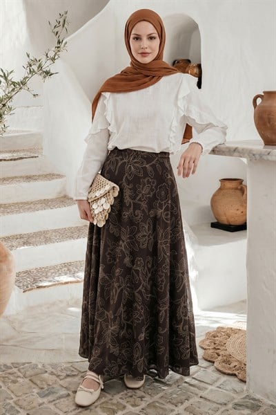 Çizgi Çiçek Desen Etek Acı Kahve