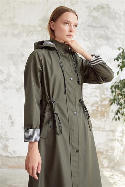 Çizgi Desen Trençkot - Haki