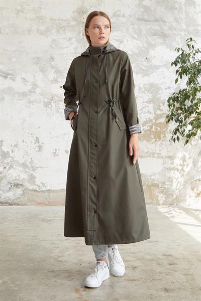 Çizgi Desen Trençkot - Haki