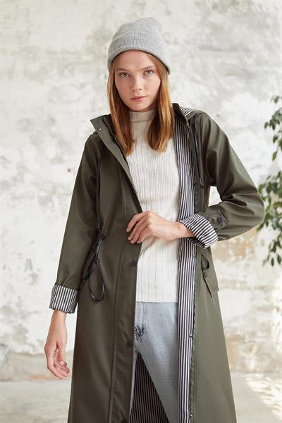 Çizgi Desen Trençkot - Haki