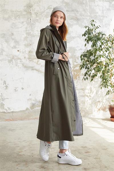 Çizgi Desen Trençkot - Haki