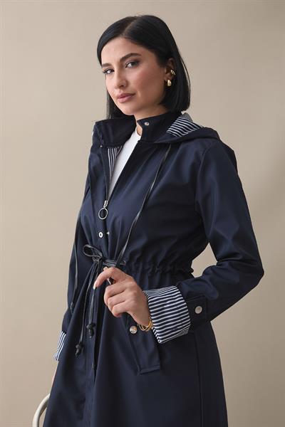 Çizgi Desen Trençkot - Lacivert