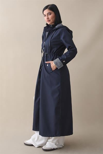 Çizgi Desen Trençkot - Lacivert