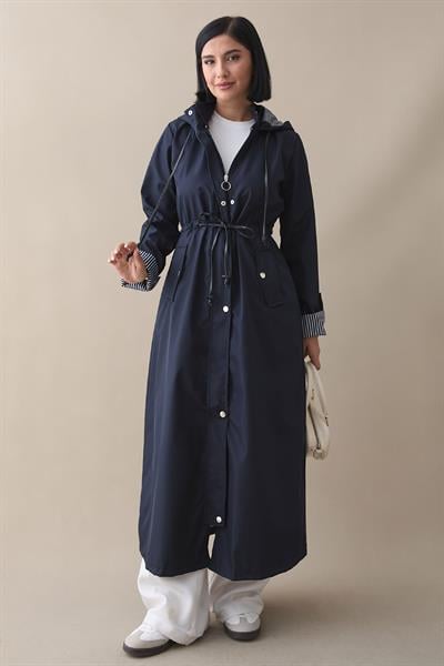Çizgi Desen Trençkot - Lacivert