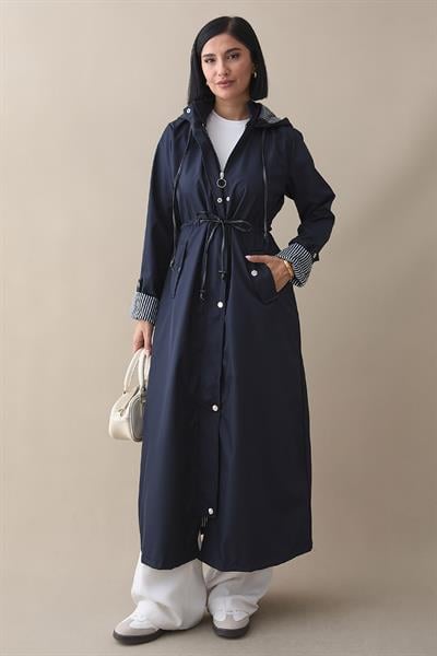 Çizgi Desen Trençkot - Lacivert