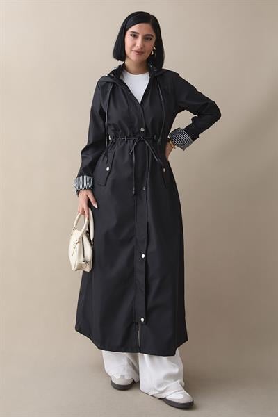Çizgi Desen Trençkot - Siyah