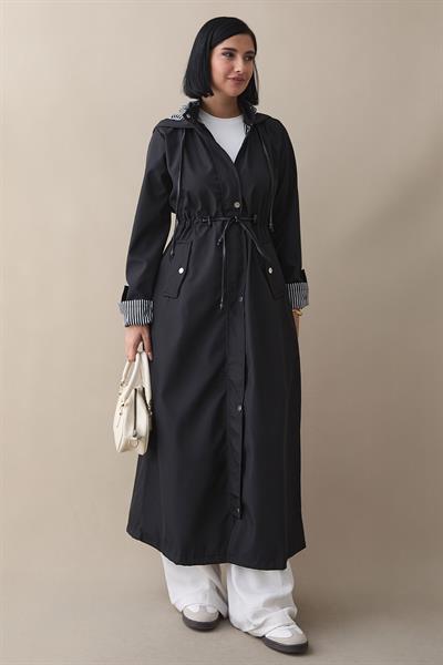 Çizgi Desen Trençkot - Siyah