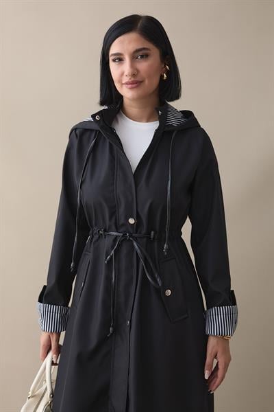 Çizgi Desen Trençkot - Siyah