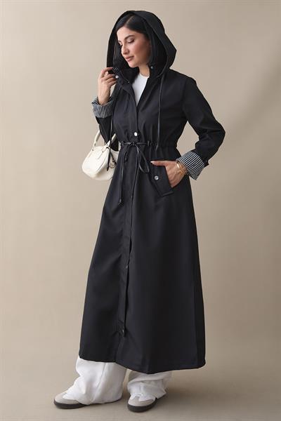 Çizgi Desen Trençkot - Siyah