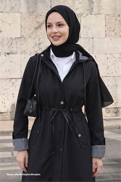 Çizgi Desen Trençkot - Siyah