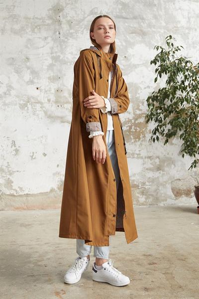 Çizgi Desen Trençkot - Taba