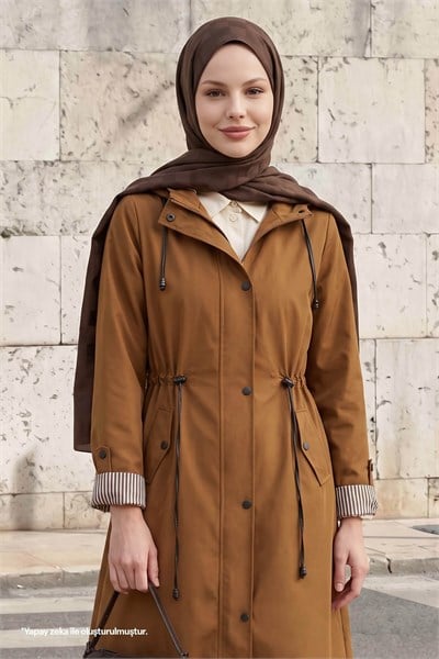 Çizgi Desen Trençkot - Taba