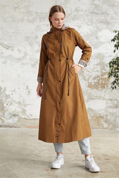 Çizgi Desen Trençkot - Taba