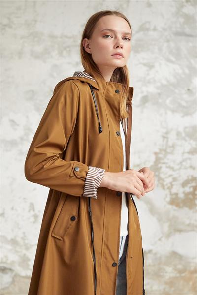 Çizgi Desen Trençkot - Taba