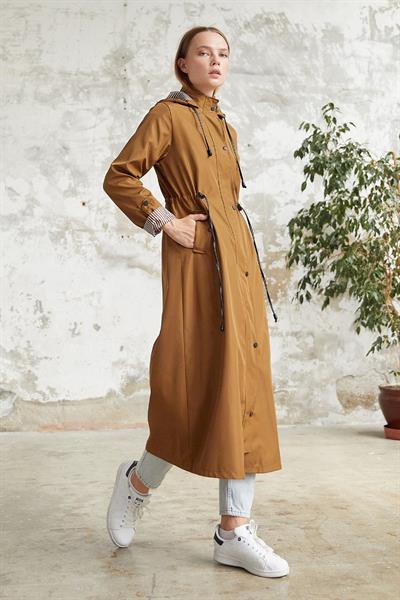 Çizgi Desen Trençkot - Taba