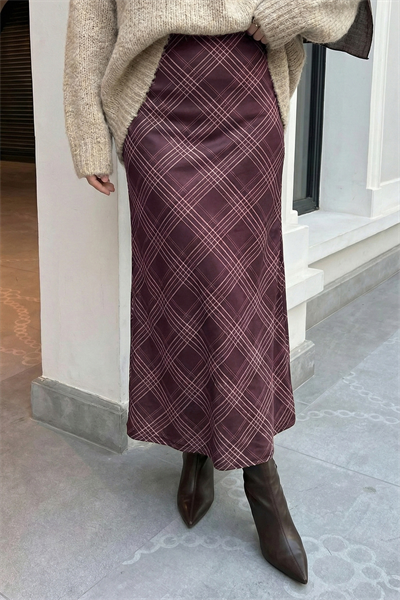 Çizgili Ekose Desen Bordo Saten Etek