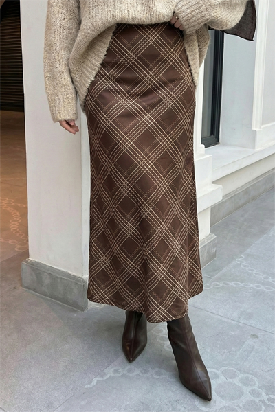 Çizgili Ekose Desen Kahverengi Saten Etek