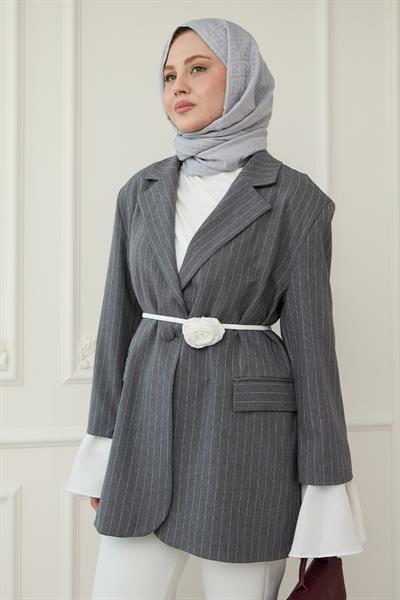 Çizgili Kolları Volanlı Antrasit Blazer Ceket