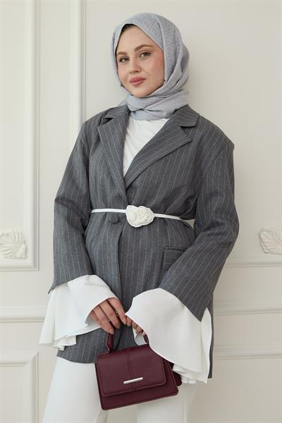 Çizgili Kolları Volanlı Antrasit Blazer Ceket