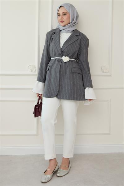Çizgili Kolları Volanlı Antrasit Blazer Ceket