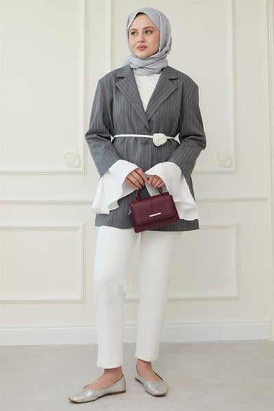 Çizgili Kolları Volanlı Antrasit Blazer Ceket