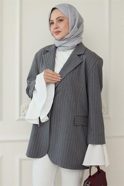 Çizgili Kolları Volanlı Antrasit Blazer Ceket