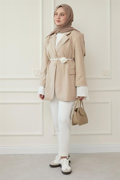 Çizgili Kolları Volanlı Bej Blazer Ceket