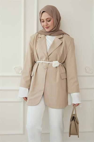 Çizgili Kolları Volanlı Bej Blazer Ceket