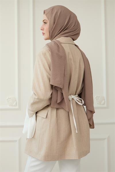 Çizgili Kolları Volanlı Bej Blazer Ceket