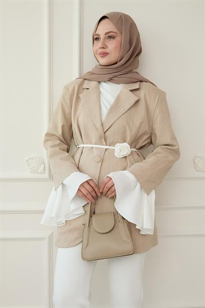 Çizgili Kolları Volanlı Bej Blazer Ceket