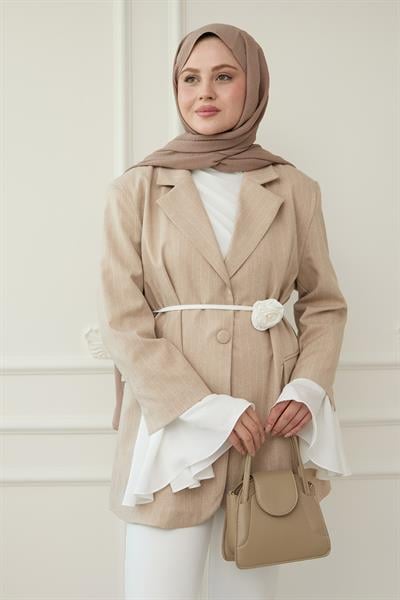 Çizgili Kolları Volanlı Bej Blazer Ceket