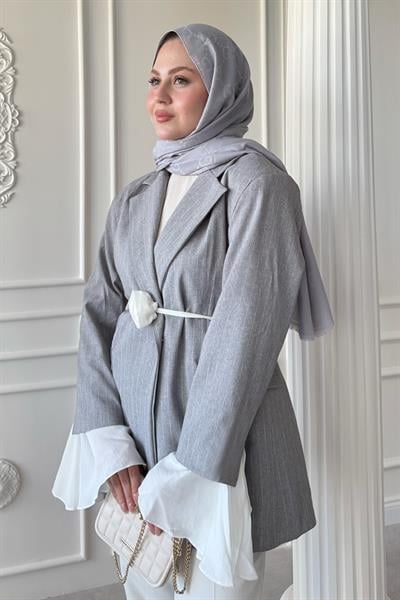 Çizgili Kolları Volanlı Gri Blazer Ceket