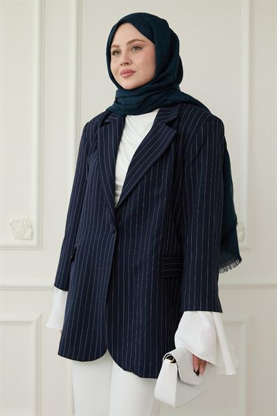 Çizgili Kolları Volanlı Lacivert Blazer Ceket