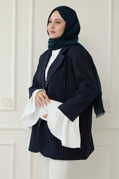 Çizgili Kolları Volanlı Lacivert Blazer Ceket