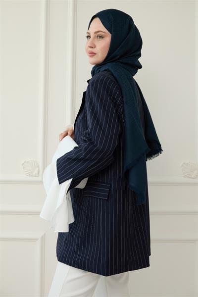 Çizgili Kolları Volanlı Lacivert Blazer Ceket