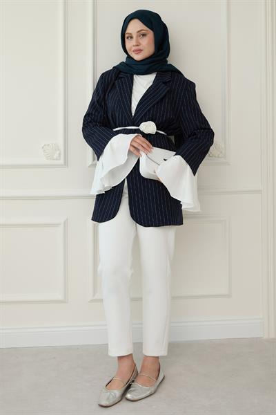 Çizgili Kolları Volanlı Lacivert Blazer Ceket