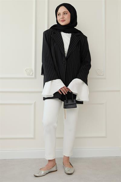Çizgili Kolları Volanlı Siyah Blazer Ceket