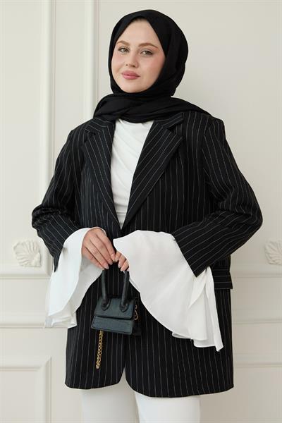 Çizgili Kolları Volanlı Siyah Blazer Ceket