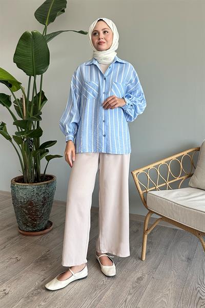 Çizgili Salaş Bebe Mavisi Gömlek