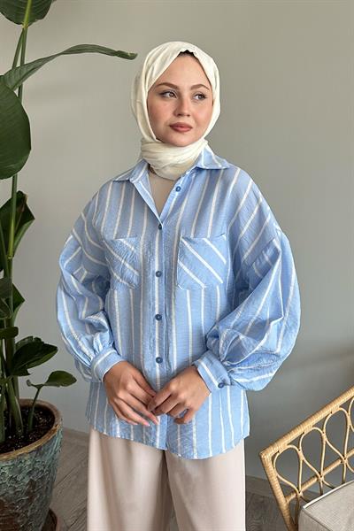 Çizgili Salaş Bebe Mavisi Gömlek