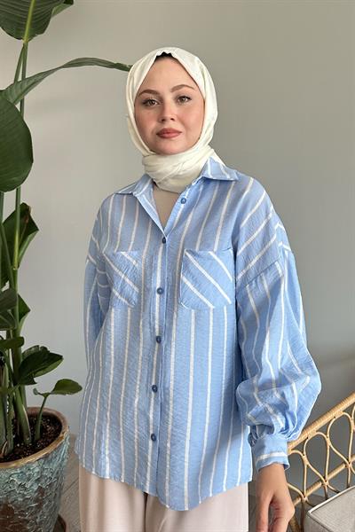Çizgili Salaş Bebe Mavisi Gömlek