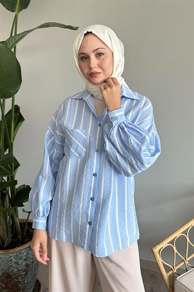 Çizgili Salaş Bebe Mavisi Gömlek
