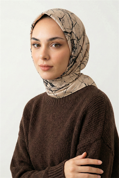 Mermer Desenli Bej Pamuk Eşarp