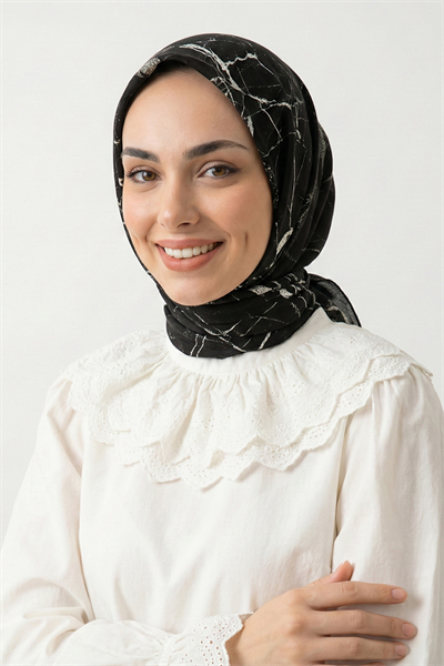 Mermer Desenli Siyah Pamuk Eşarp